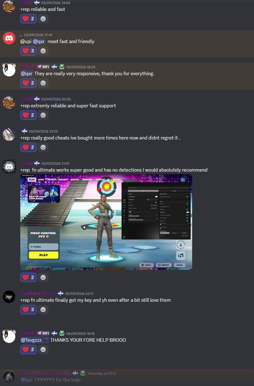 Discord vouches praising fast support and Fortnite Ultimate