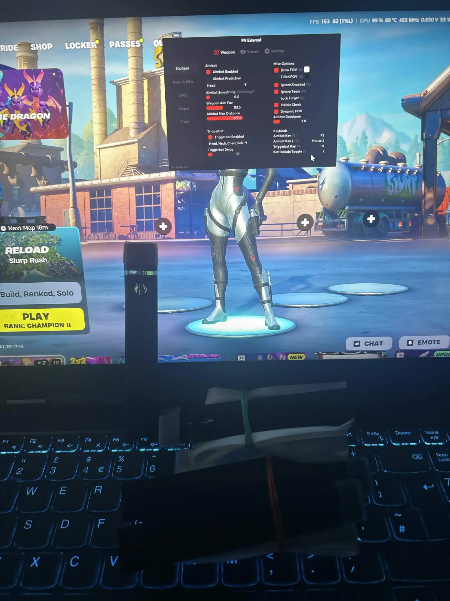 Laptop running Fortnite Private in a ranked lobby