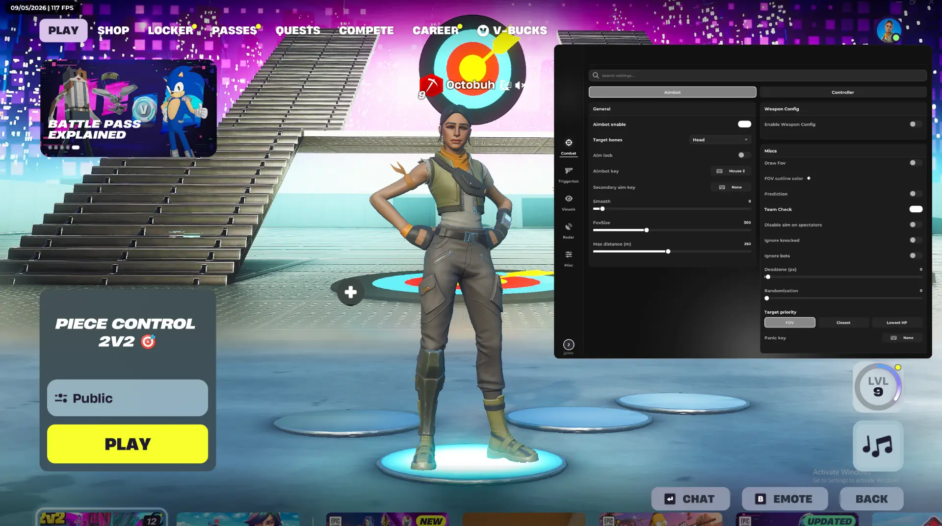 Fortnite Ultimate cheat menu open in-game